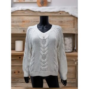 The Drop Women's Cable Knit Sweater Cream‎ White Size S Chunky V-Neck Pullover